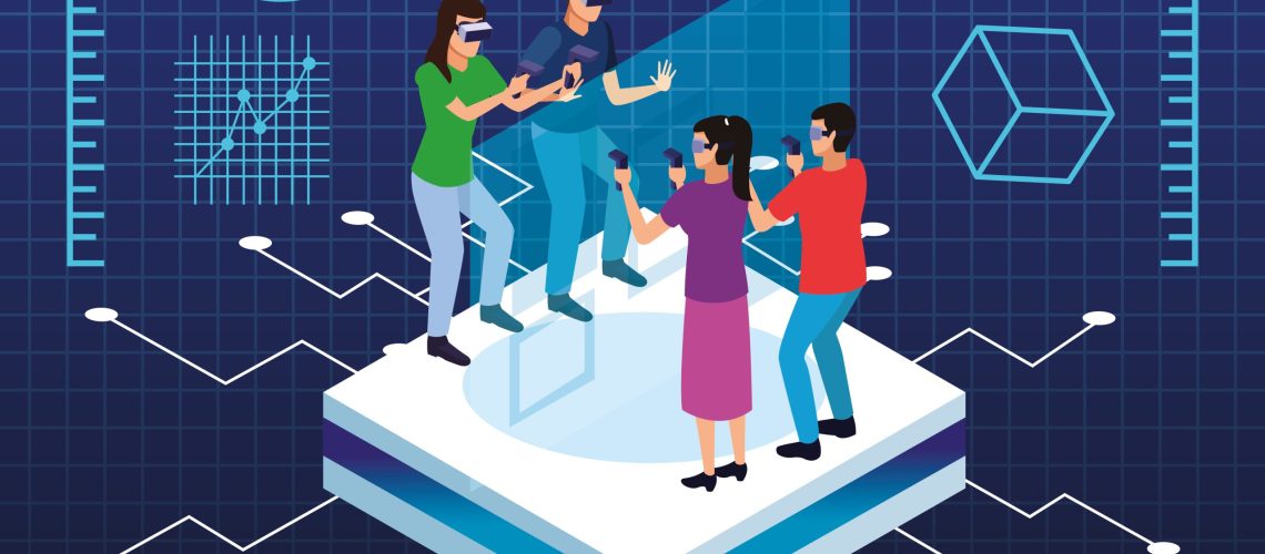 Friends playing with virtual reality glasses and gameapads with screen hologram on blue background with game graphs vector illustration graphic design